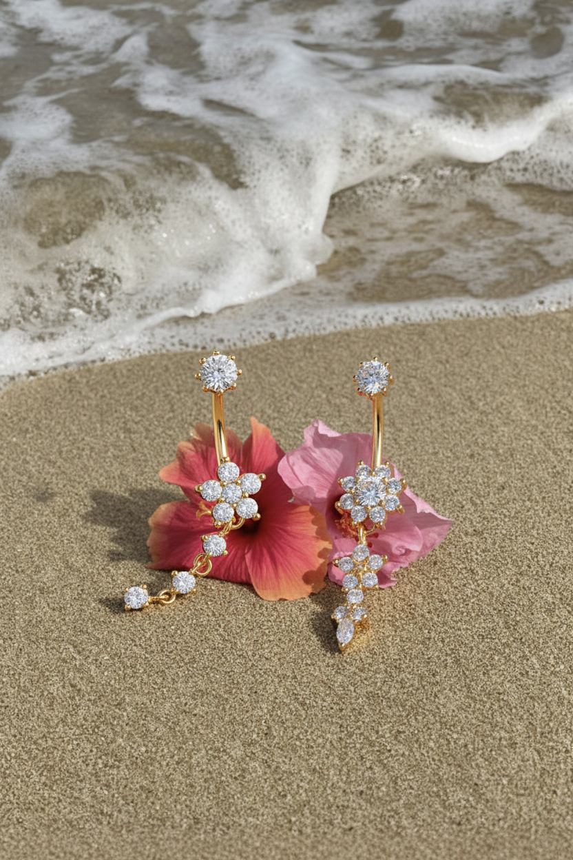 Bauchnabelpiercing Stern Blume & Blume am Strand
