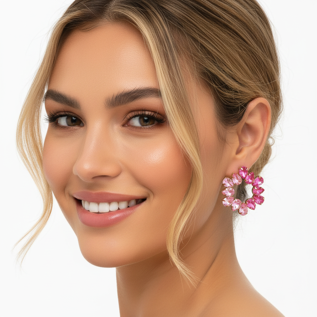 Blonde Model mit pinken Kristall-Ohrringen
